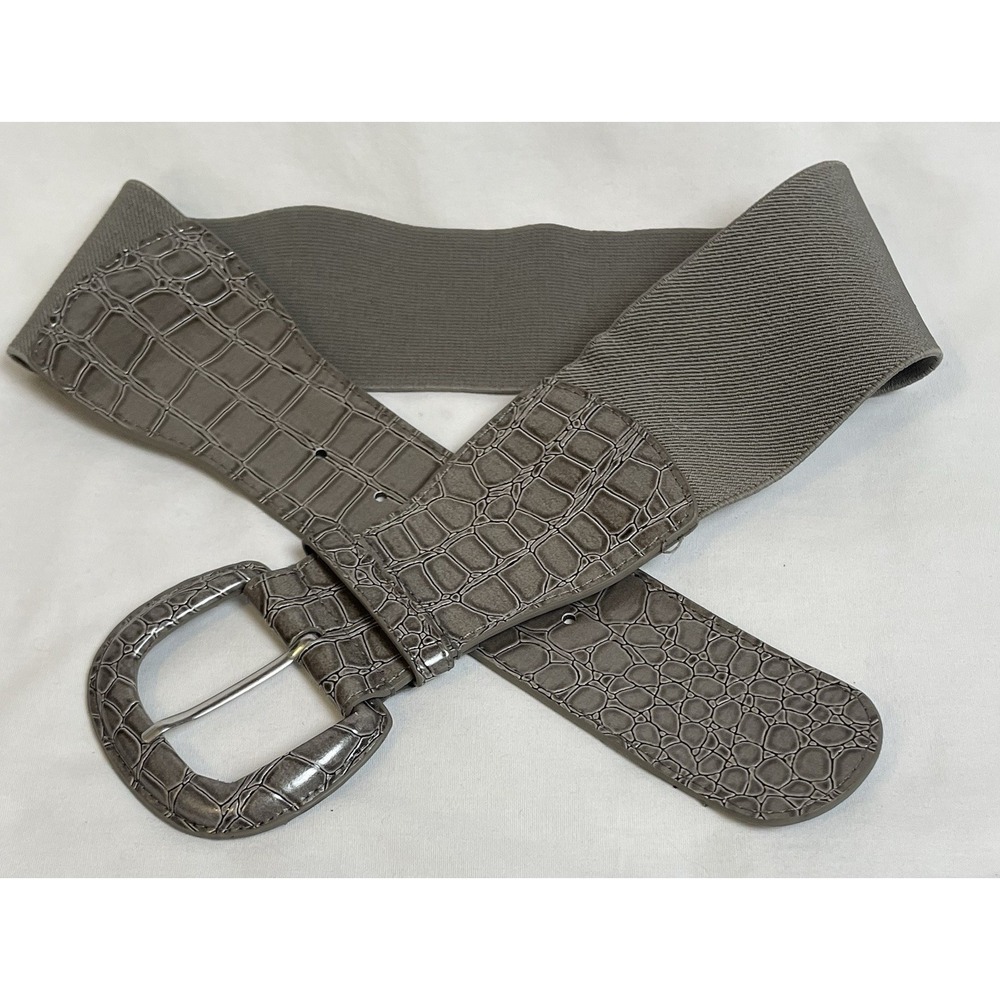 NY & Co Wide Stretch Belt Women's Sz S/M Gray Nylon Faux Leather  Rounded Buckle